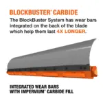 BlockBuster carbide and cover snow plow cutting edge system integrated wear bars.