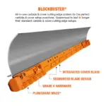 BlockBuster carbide and cover snow plow cutting edge system with features called out on plow